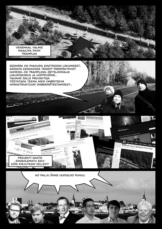 Mölisev triptühhon. Yes is More stiilis koomiks. Osa 3: Salto. Mõeldud EKA arhitektuuriosakonna seinale. Autor Alvin Järving