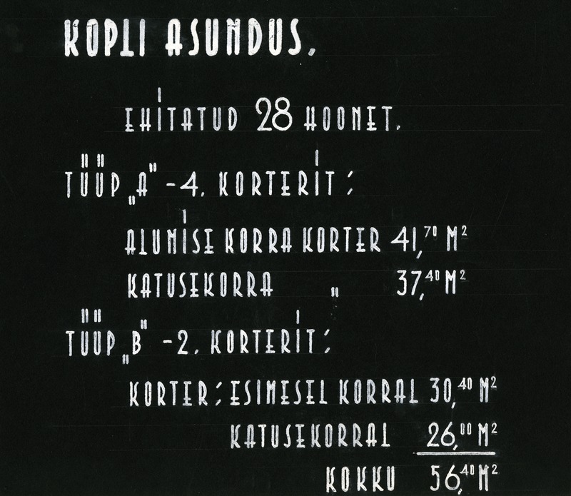 Kopli asundus. Albumi vaheleht. Info Kopli Kinnisvarade Sirbi tn korteritüüpide kohta. Arhitektid Roman Koolmar ja Karl Tarvas