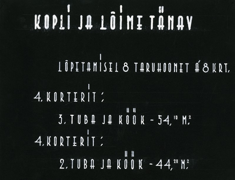 Pel-Ra-Ko rahvakorterid Kopli ja Lõime tänaval Pelgulinnas. Albumi vaheleht korterite infoga. Arhitekt Alar Kotli, 1940