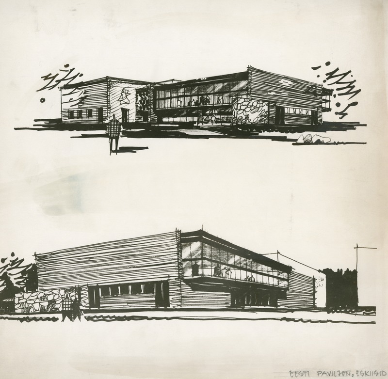 NSVL rahvamajanduse saavutuste näituse ENSV paviljon. Eskiisid, 1960 (perspektiivvaadete repro). Arhitekt Henno Sepmann (ja Uno Tölpus?)