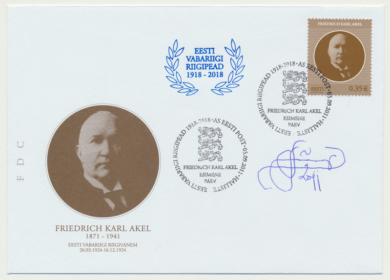 esimese päeva ümbrik (FDC), Eesti Vabariigi riigipead 1918-2018, Friedrich Karl Akel 140