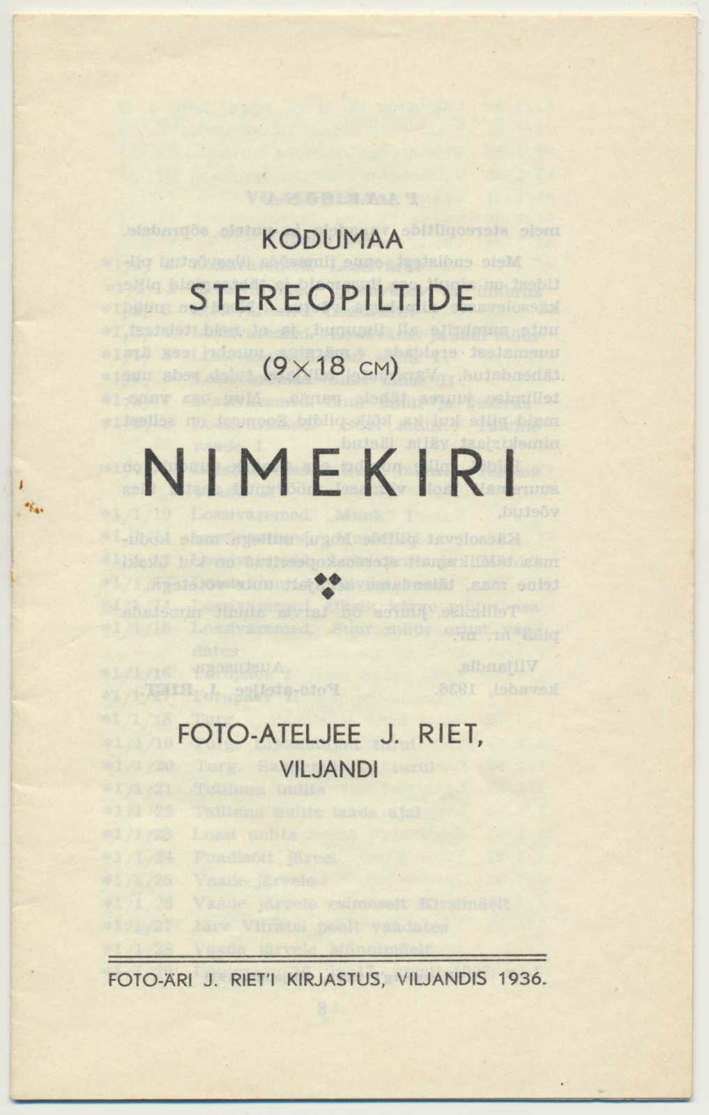 brošüür Kodumaa stereopiltide nimekiri, foto-ateljee J. Riet, 1936, 547 stereofoto't