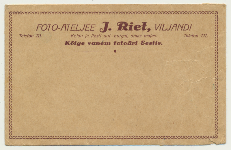 foto ümbris, paber, fotoateljee J.Riet Viljandi, tagaküljel reklaam u 1930