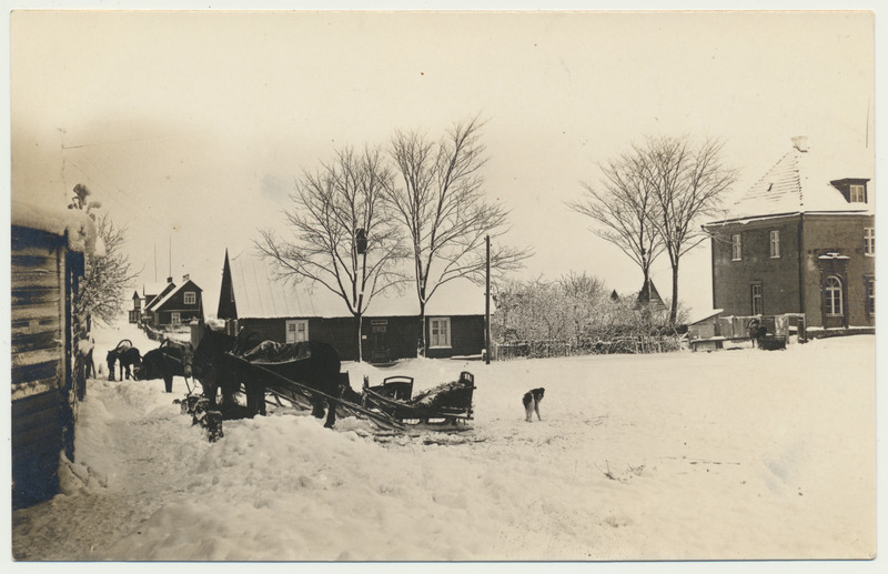 foto, Halliste khk Abja-Paluoja, Järve tn, osa postimaja'st (postkontor), 2 hobusaan'i, koer u 1935 talv