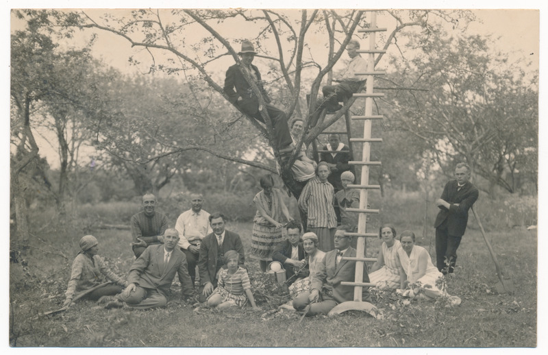 foto, Suure-Jaani khk, Kildu, grupp aias, redel, osa puu otsas, 28.06.1929 sh A. Jürisson (Jürissoo)