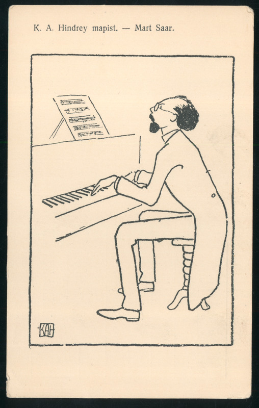 postkaart, sarž Mart Saar klaverit mängimas, K. A. Hindrey mapist, u 1935?