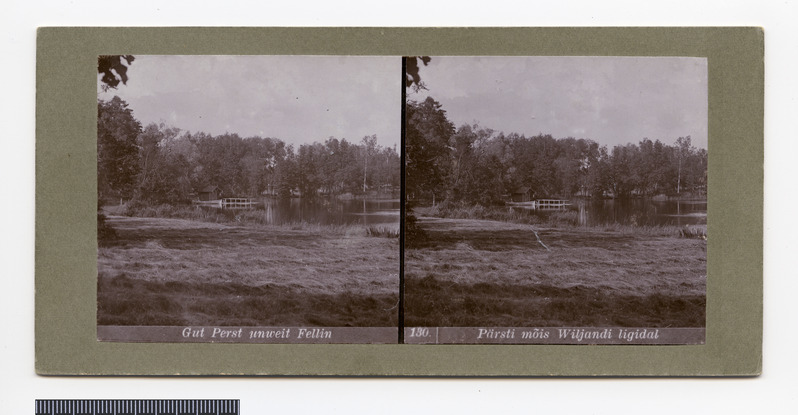 stereofoto, Viljandi khk, Pärsti, järv, paadisild, u 1910, foto J. Riet