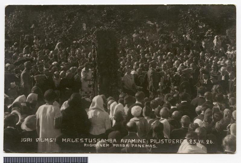 fotopostkaart, Pilistvere khk, Pilistvere, Jüri Vilmsi mälestussamba avamine, riigivanem pärga asetamas, 25.07.1926, foto A. Järvekülg