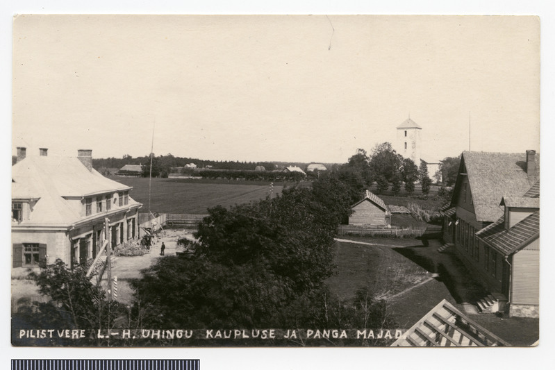 fotopostkaart, Pilistvere khk, Pilistvere Laenu ja Hoiu Ühisuse kauplus, pangamaja, eemal kirik, u 1935