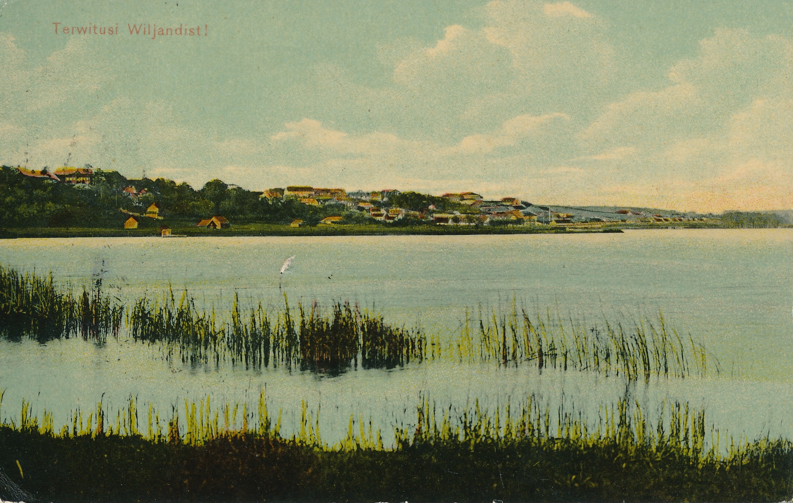 koloreeritud postkaart Üldvaade Viljandile järve vastaskaldalt
