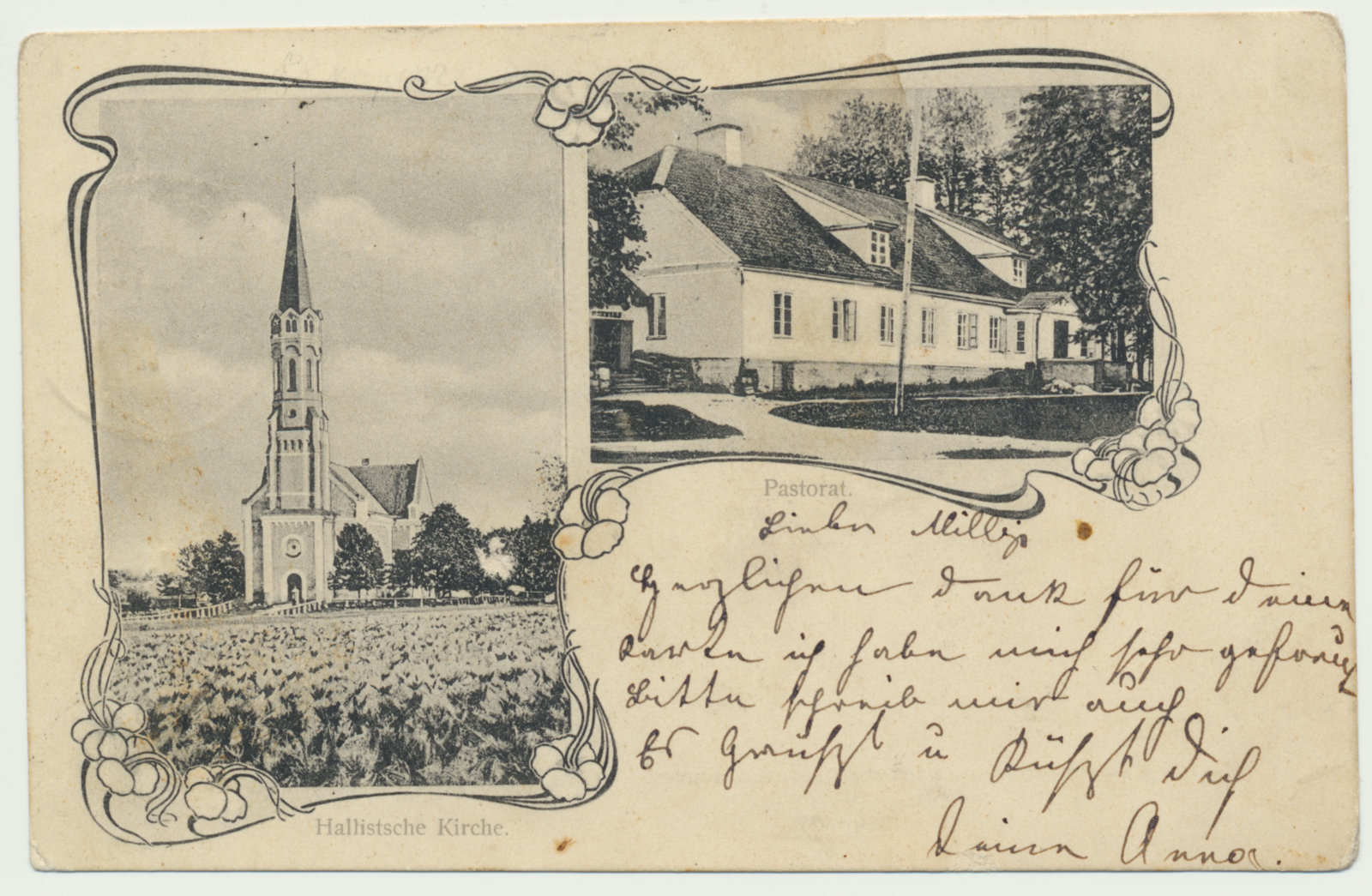 trükipostkaart Halliste khk Halliste kirik ja pastoraat u 1903
