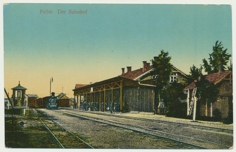 koloreeritud postkaart Viljandi raudteejaama hoone