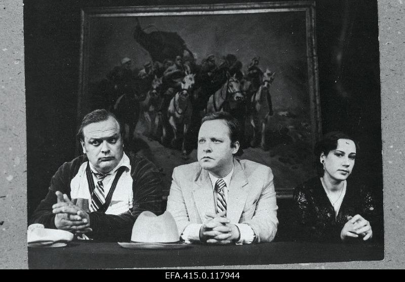 The scene from Majakovsky's play "Saun" L. Koidula nim. Pärnu Drama Theatre. Ivan Ivanovič - Peeter Kard, Pobedonossikov - Mihkel Smeljanski, Mezaljansova - Juta Tints.