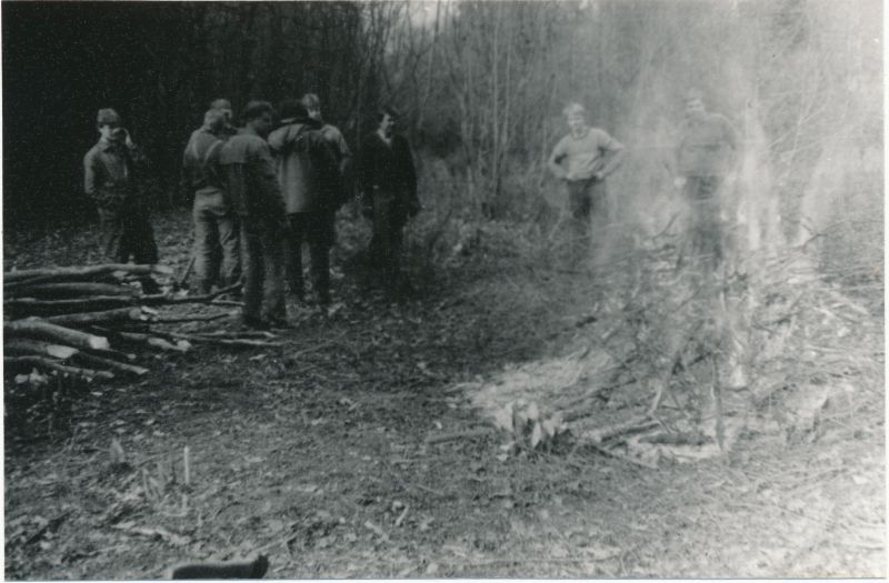 Foto. Läänemaa Sidesõlme töötajad Valgeväljal ehitusplatsi võsast ja metsast puhastamas kevadel 1991.