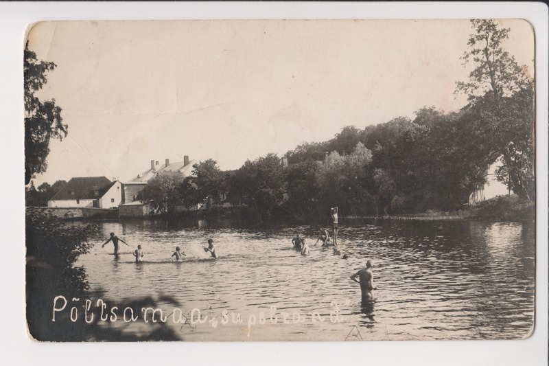 Põltsamaa jõgi, supelrand, Suur sild, veski. Hiljemalt 1929. Foto August Mik