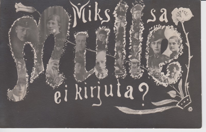Põltsamaa. Kollaaž portreefotodest "Miks sa mulle ei kirjuta?" 1920. a paiku. Fotopostkaart August Mik.