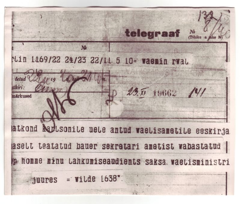 Ed. Vilde telegramm Eesti välisministrile