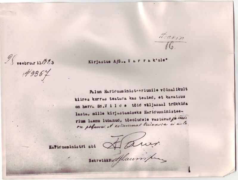 Ärakiri haridusministeeriumi kirjast