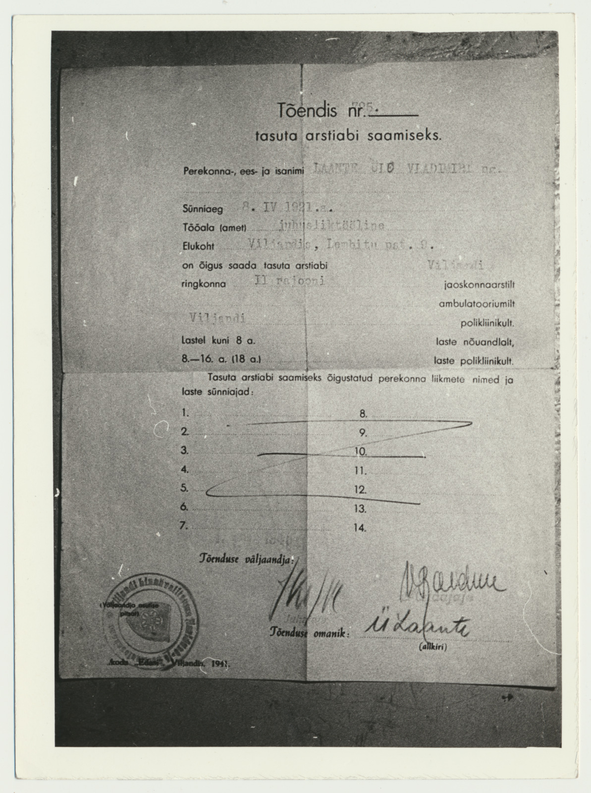 fotokoopia, tõendis tasuta arstiabi saamiseks, 1941