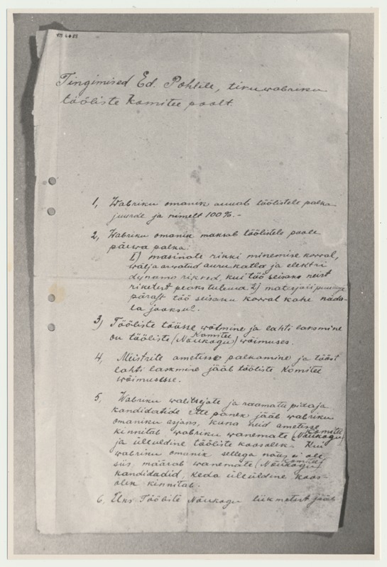 fotokoopia, tingimised E. Pohlile tikuvabriku tööliste komitee poolt, 1918