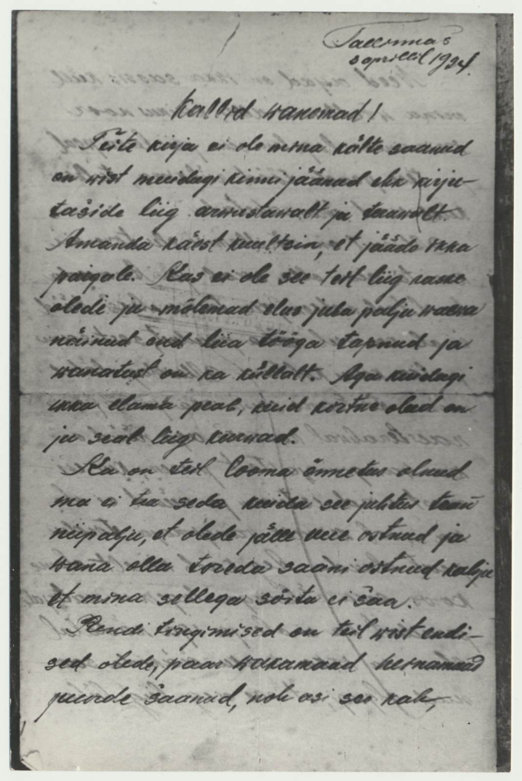 fotokoopia, J. Tombi kiri vanematele Tallinna vanglast, 1924