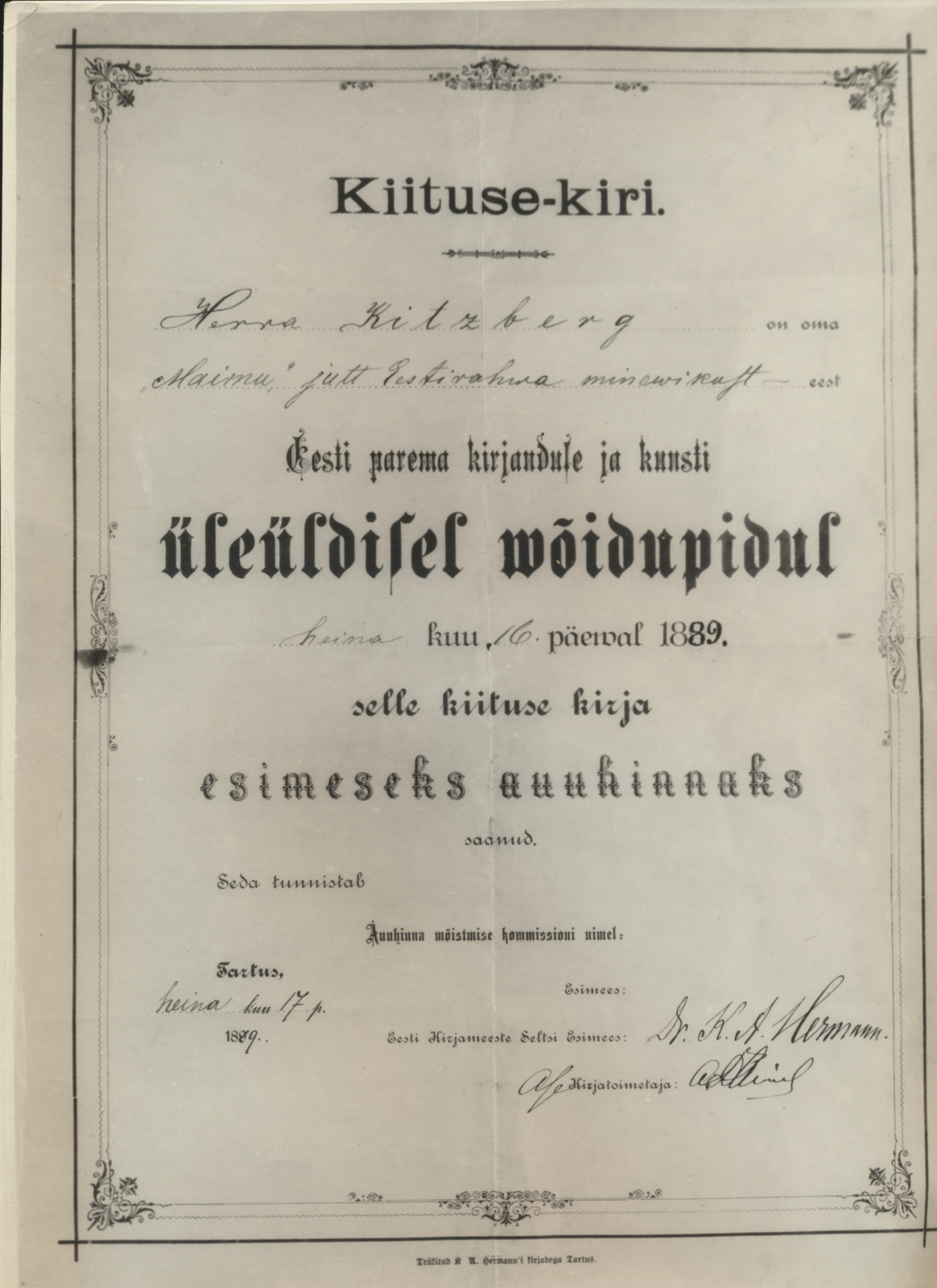 fotokoopia, kiituskiri, A. Kitzberg, 1889
