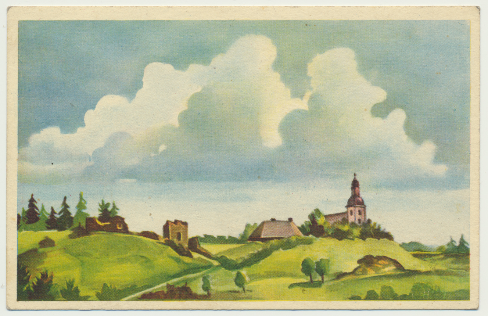 trükipostkaart, Viljandimaa, Karksi ürgorg, lossivaremed, kirik, u 1910, akvarell