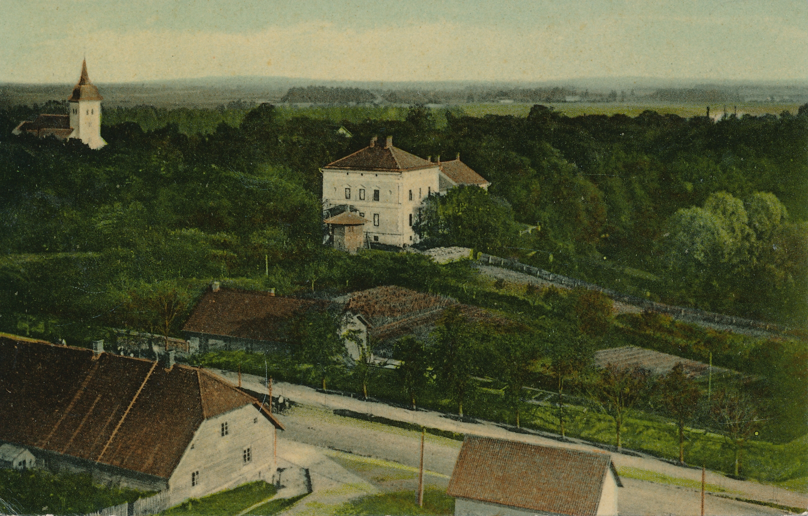 koloreeritud trükipostkaart, Viljandi, üldvaade Pauluse kiriku tornist mõisa poole, u 1910, kirjastaja E. Ring