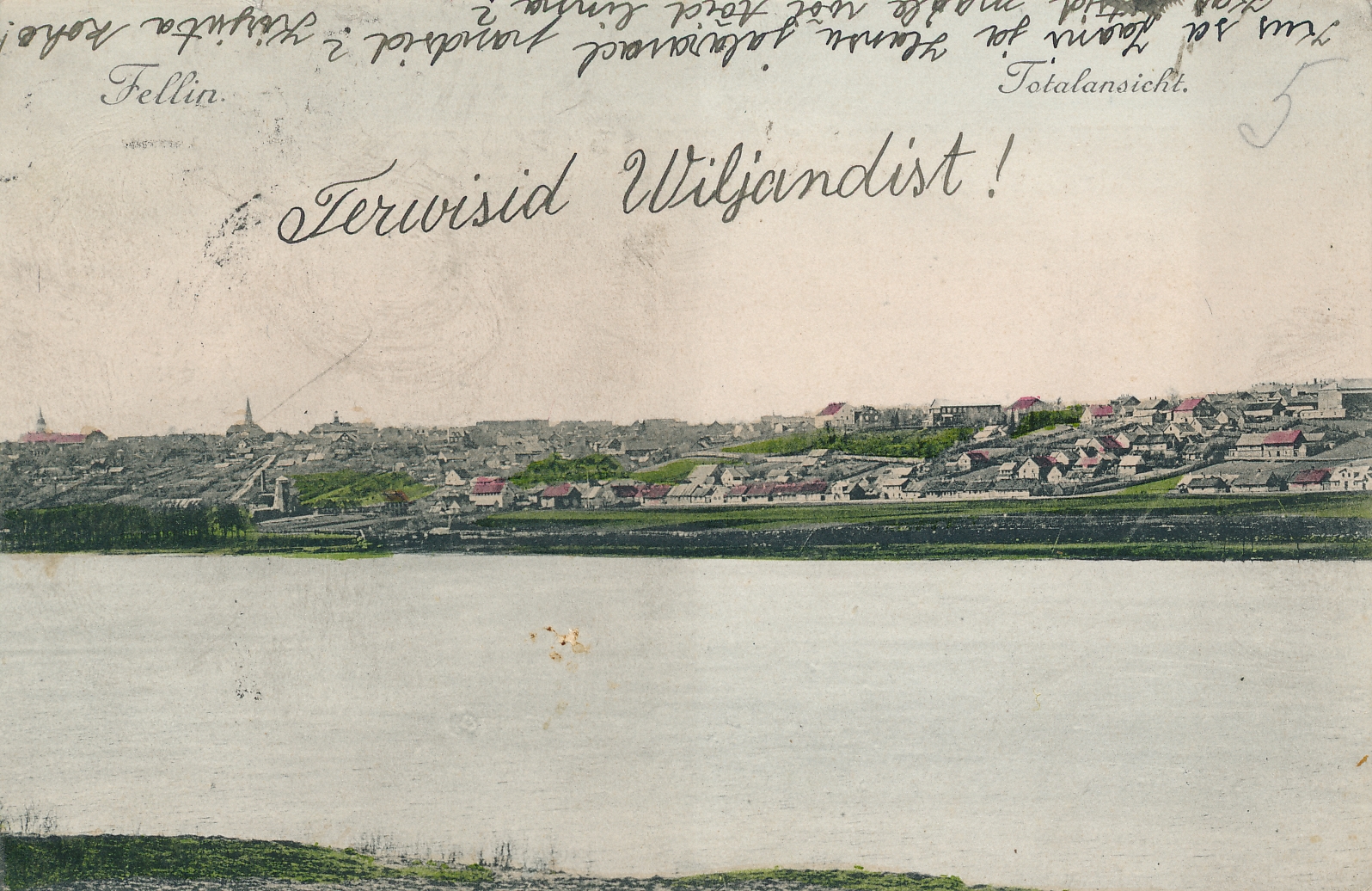 trükipostkaart, Viljandi lossimäed järvelt, 1905, A. Tõllasepp, kolor