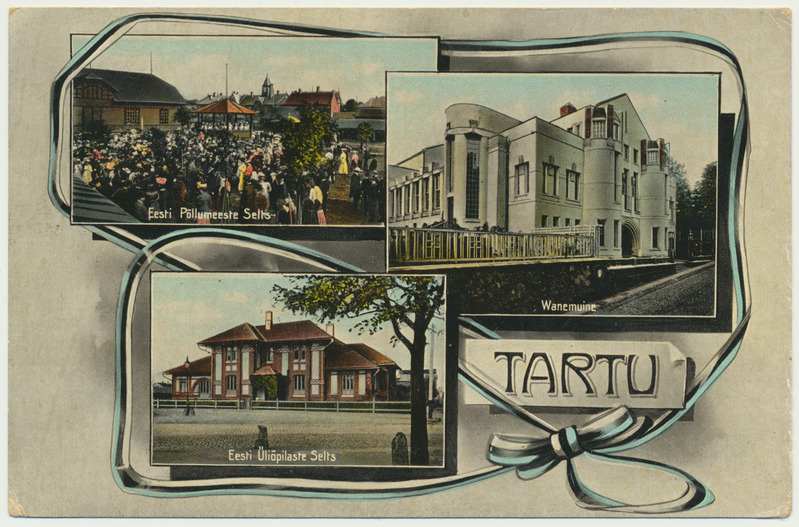 värviline trükipostkaart, Tartu, 3 vaadet, u 1919