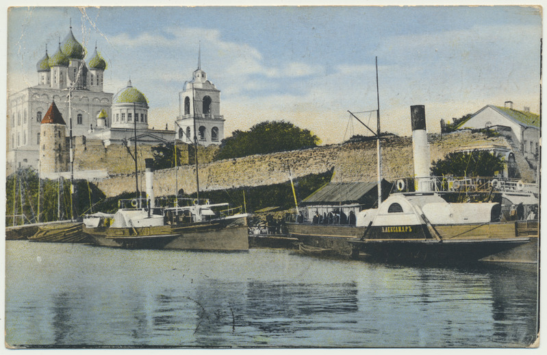 värviline trükipostkaart, Venemaa, Pihkva, Velikaja jõgi, sadam, kreml, u 1915