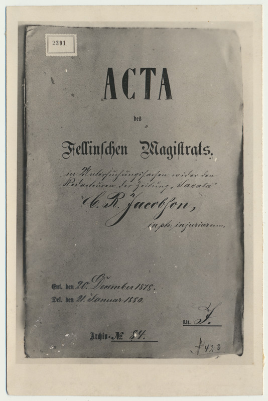 fotopostkaart, foto, Viljandi Magistraadi akt nr 84, 1878, kaas, seotud C.R. Jakobsoniga