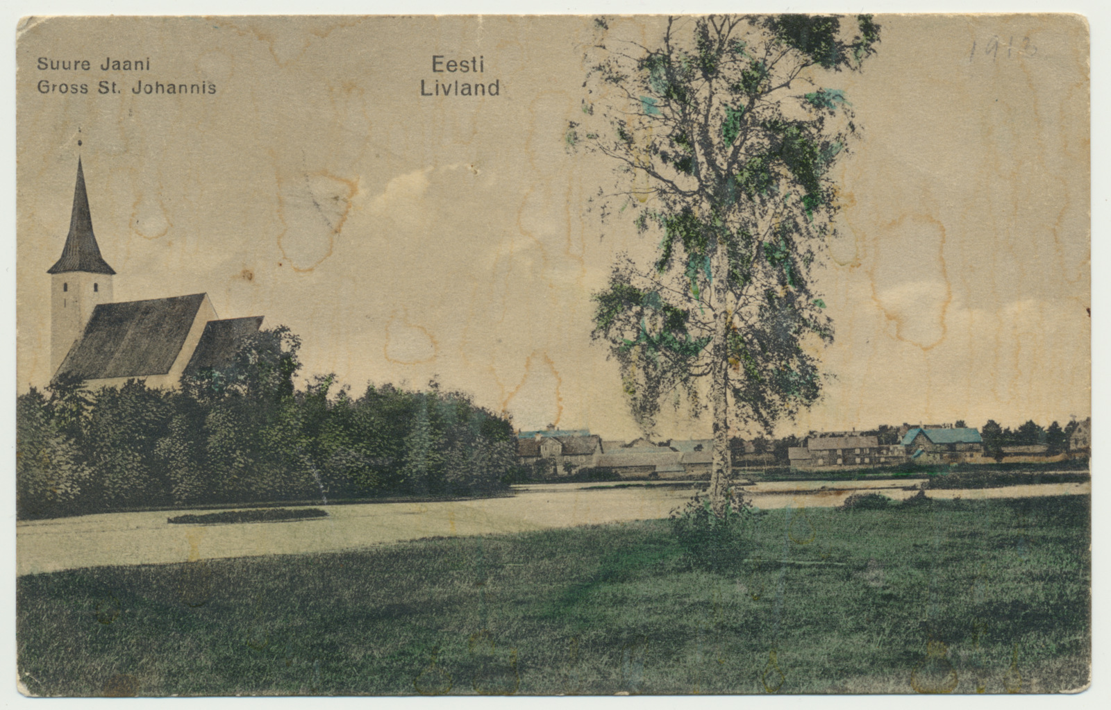 trükipostkaart, koloreeritud, Viljandimaa, Suure-Jaani, järv, kirik, Tallinna tn majad, u 1910, kirjastaja A. Mutli