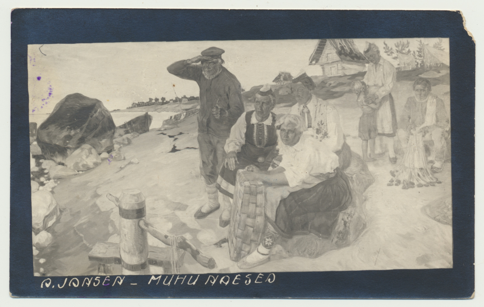 foto maalist, A. Jansen "Muhu naised", rahvariietes mere rannal, u 1920, foto Parikas