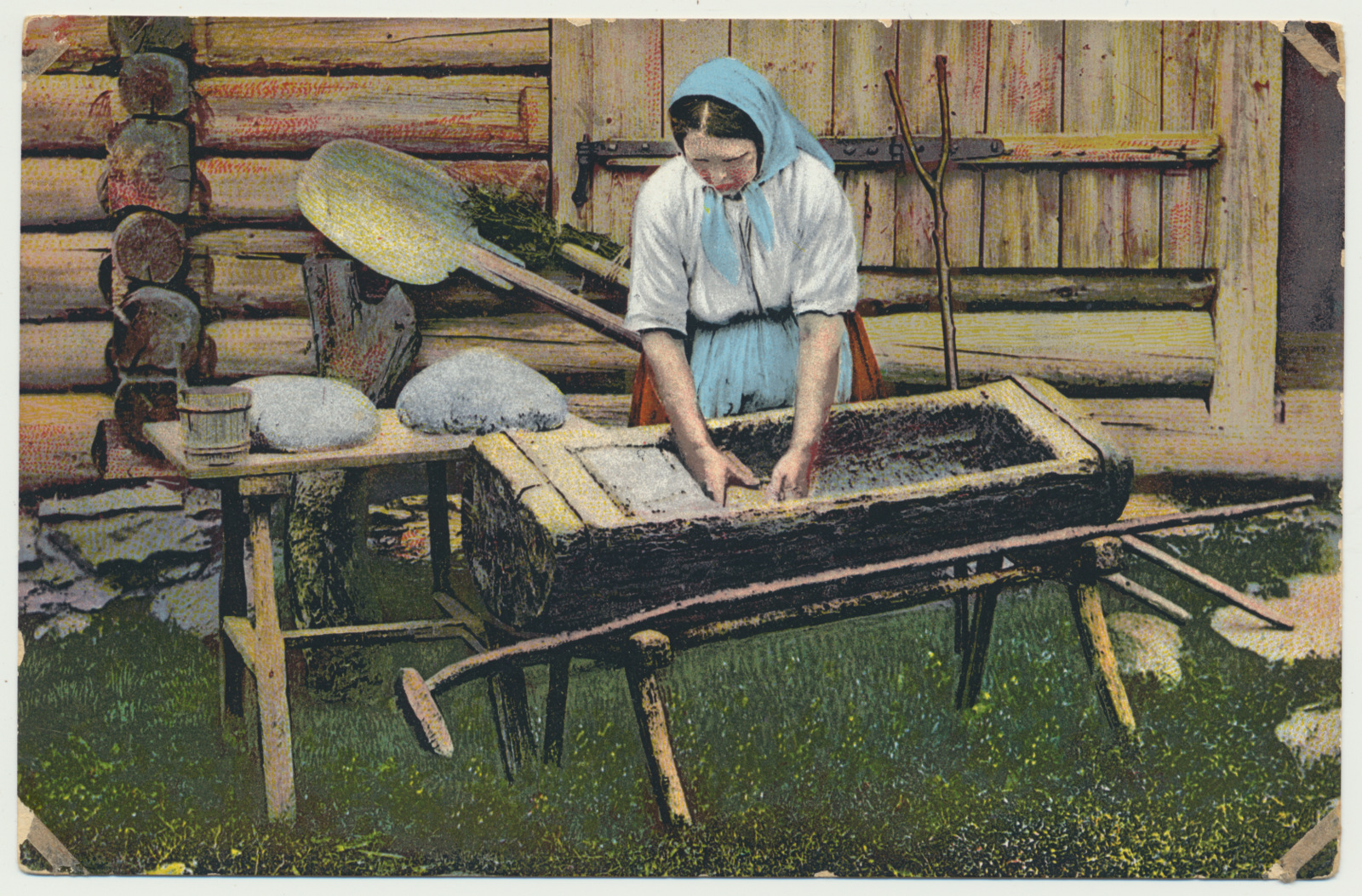 koloreeritud trükipostkaart, leivategu, u 1910