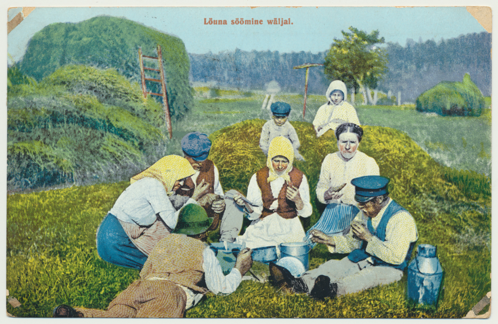 koloreeritud trükipostkaart, lõunasöök heinamaal, u 1910