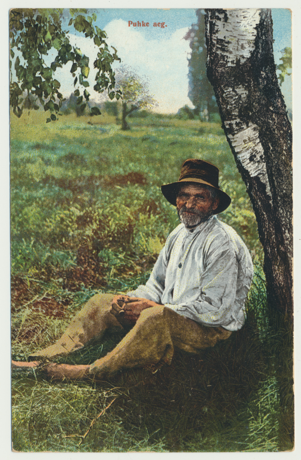 koloreeritud trükipostkaart, talumees puhkamas, u 1910