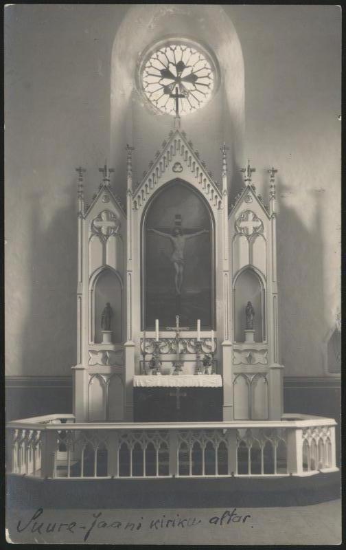 fotopostkaart, Suure-Jaani khk, Suure-Jaani, kirik, sisevaade, altar, u 1935, foto O. Mägi