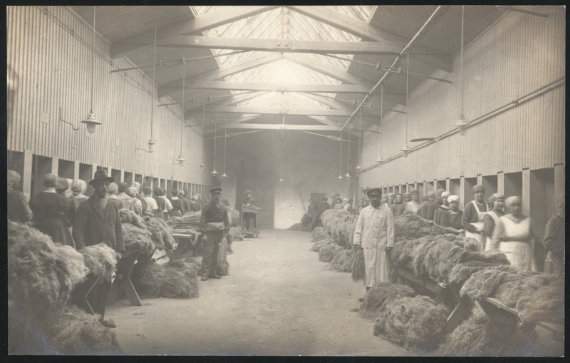 fotopostkaart, Halliste khk, Abja Linavabrik, sisevaade, linaketramisruum, u 1924
