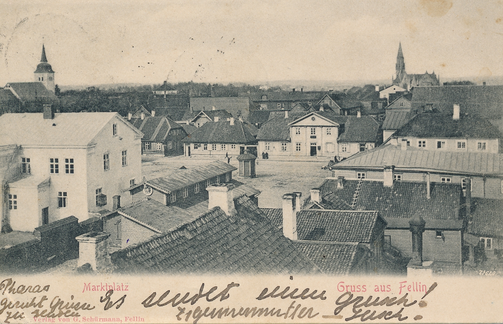 trükipostkaart Viljandi, vaade raekoja tornist turuplatsile u 1905 kirjastaja G.Schürmann