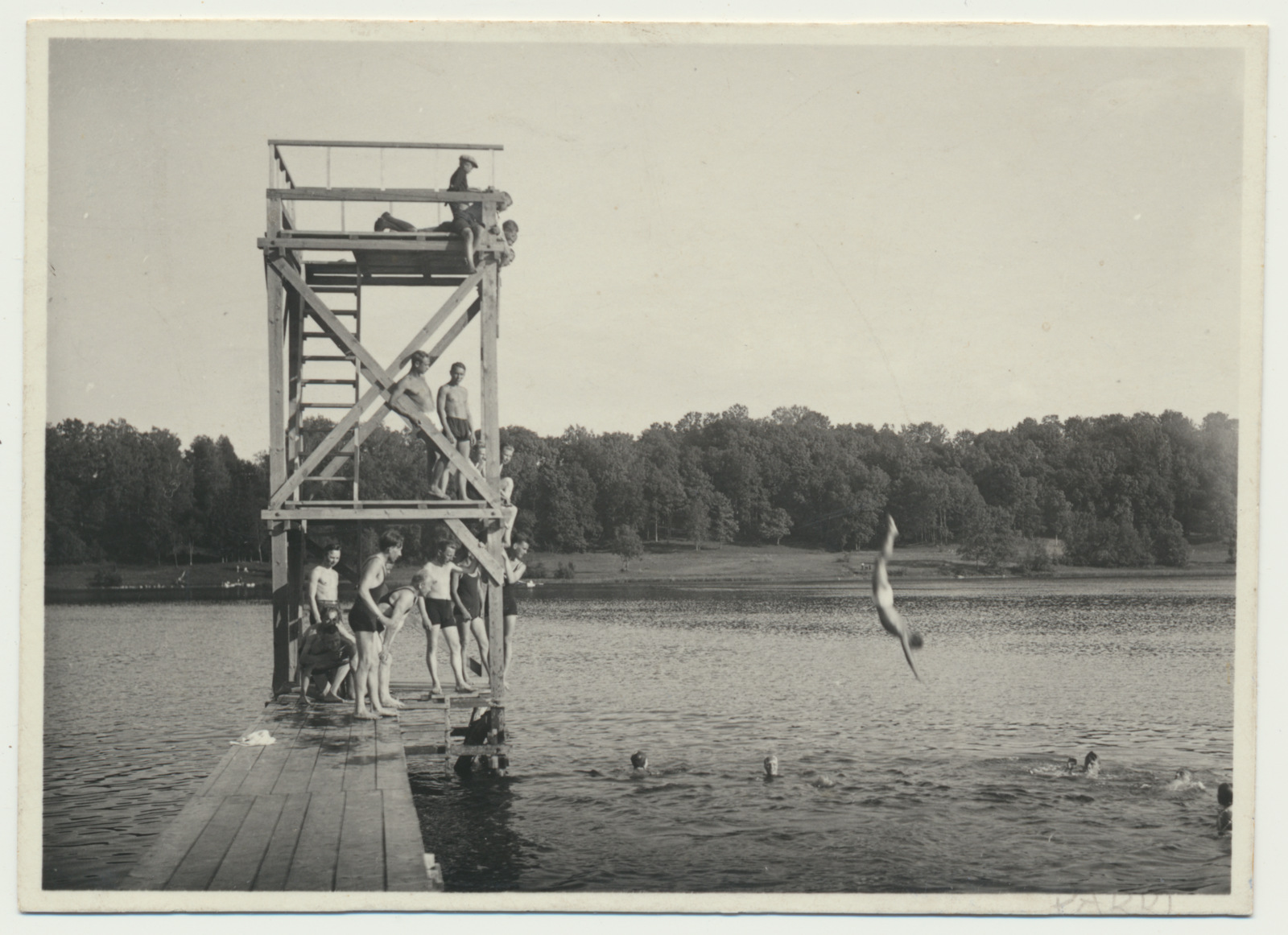 foto, Viljandi järv, vettehüppetorn, vetelpääste kursus 1934. F: T. Parri (negatiiv VMF 362:161)