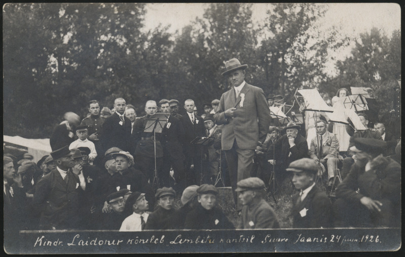 fotopostkaart, Suure-Jaani khk, Suure-Jaani, mälestussammas, avamine, kindral J. Laidoner, orkester, A. Kapp, 24.06.1926, foto J.P Mihkelson (Vändra)