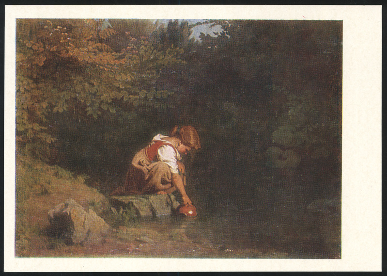 fotopostkaart, J. Köler, "Tütarlaps allikal", 1858-1962, värviline, 1976, kirjastus Kunst