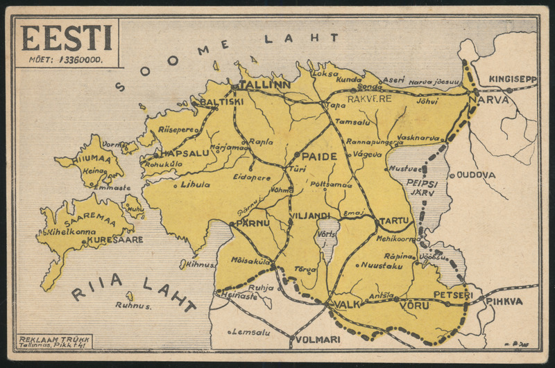 fotopostkaart, Eesti kaart, mõõtkava 1:3360000, u 1935