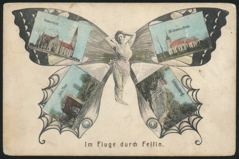 trükipostkaart, Viljandi, 4 vaadet, kirik, lossimäed, liblika tiibadel, koloreeritud, u 1908, Verlag A. Tõllasepp (Fellin)