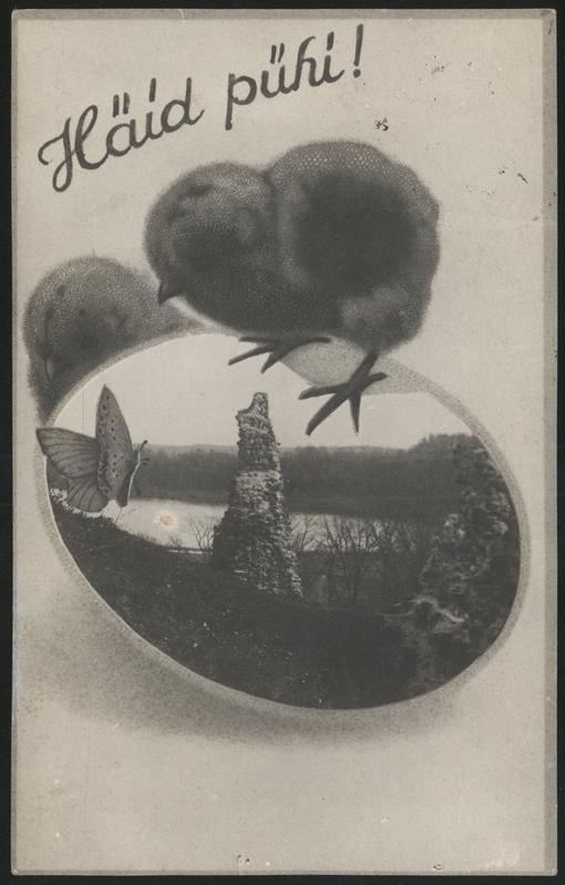 fotopostkaart, kevadpühade kaart, Häid pühi!, tibu, liblikas, Viljandi lossivaremed, järv, u 1920, kirjastaja H. Leoke (Wiljandi)
