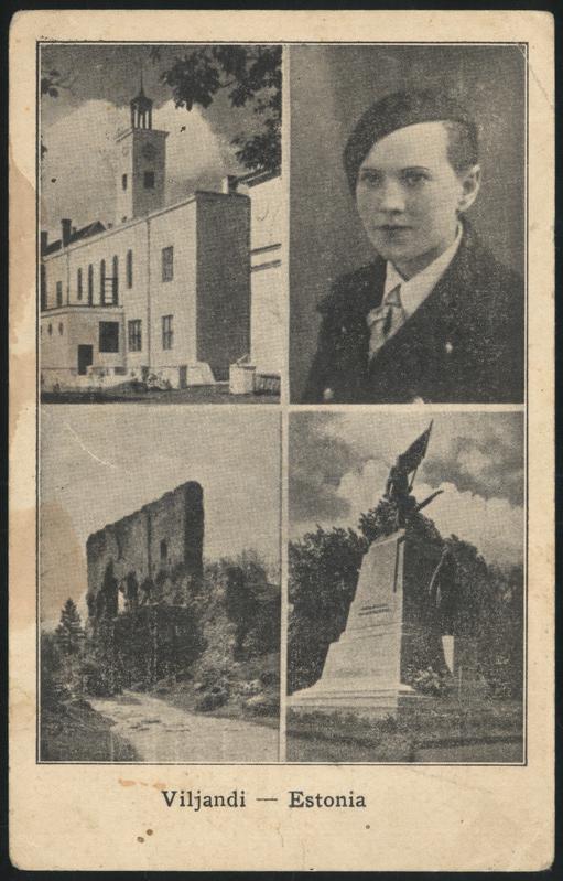 fotopostkaart, Viljandi, 3 vaadet, raekoda, Suurmüür, vabadussammas, naissportlase rinnaportree, u 1935