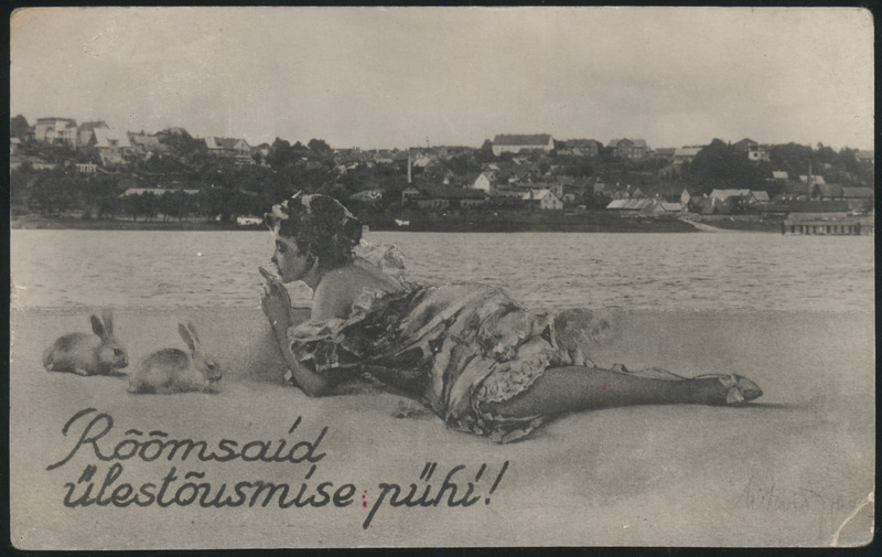 fotopostkaart, Rõõmsaid ülestõusmispühi!, Viljandi, jänesed, naine, järv, linn, u 1920, kirjastaja H. Leoke (Wiljandi)