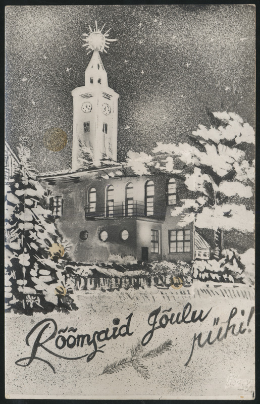 fotopostkaart, jõulukaart, Viljandi, raekoda, talv, 1938, J. Leokese kirjastus (Viljandi)