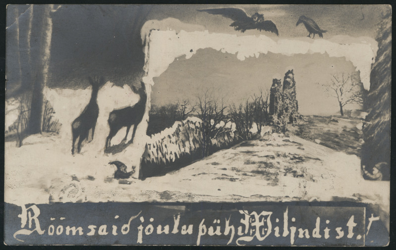 fotopostkaart, jõulukaart, Viljandi, talvemaastik, kitsed, öökull, päkapikk, lossivaremed joonistusena, u 1922